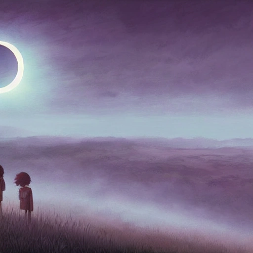 Prompt: Digital painting of a surreal landscape featuring 
eclipse and The overall style is a mix of Caspar David Friedrich and Hayao Miyazaki's artistic styles
