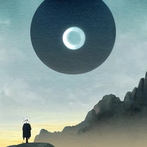 Prompt: Digital painting of a surreal landscape featuring 
eclipse and The overall style is a mix of Caspar David Friedrich and Hayao Miyazaki's artistic styles
