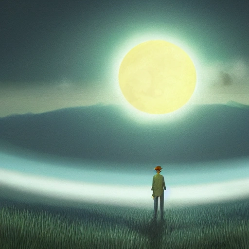 Prompt: Digital painting of a surreal landscape featuring eclipse and The overall style is a mix of Caspar David Friedrich and Hayao Miyazaki's artistic styles
