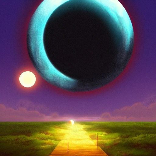 Prompt: Digital painting of a surreal landscape featuring eclipse  solar and The overall style is a mix of Caspar David Friedrich and Hayao Miyazaki's artistic styles
