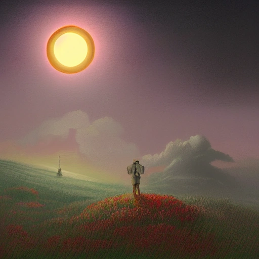 Prompt: Digital painting of a surreal landscape featuring eclipse  solar and The overall style is a mix of Caspar David Friedrich and Hayao Miyazaki's artistic styles
