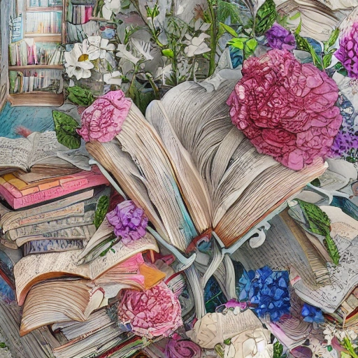 a cute shabby pile of books illustration, fits in the proposition, hyper detailed, flowers, watercolor, illustration, Artstation Trending, Hyper-Detailed Colorful Intricate Generative Line, arthouse,  illustration, hyper realistic, Large Realistic Highly Detailed, intricate detail,