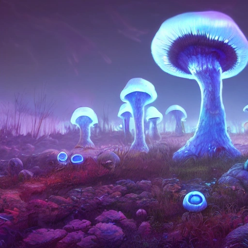 concept art painting of a fantasy alien fungal landscape at night whit avatar , 8k, with glowing blue lights, glowing blue mushrooms, dark purple sky, realistic, detailed, cel shaded, in the style of makoto shinkai and greg rutkowski and albert bierstadt and james gurney , High Octane 3D Blender Rendering 2:1