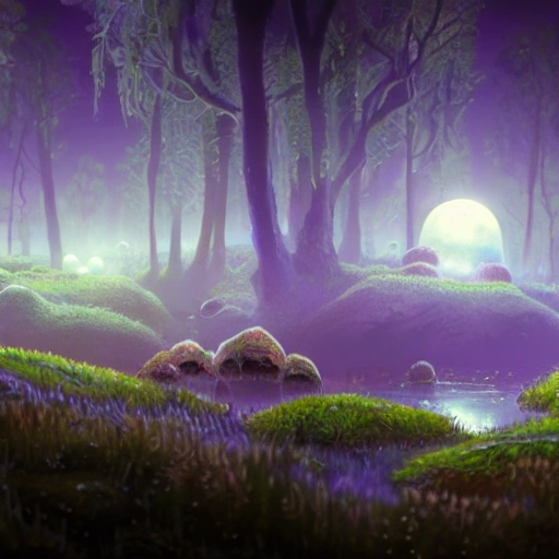 concept art painting of a fantasy alien fungal landscape at night a relaxed avatar in the water , 8k, with glowing blue lights, glowing blue mushrooms, dark purple sky, realistic, detailed, cel shaded, in the style of makoto shinkai and greg rutkowski and albert bierstadt and james gurney , High Octane 3D Blender Rendering 2:1