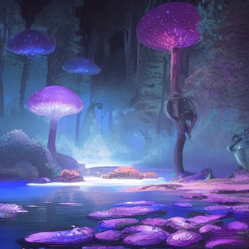 concept art painting of a fantasy  at night a relaxed avatar in the water , 8k, with glowing blue lights, glowing blue mushrooms, dark purple sky, realistic, detailed, cel shaded, in the style of makoto shinkai and greg rutkowski and albert bierstadt and james gurney , High Octane 3D Blender Rendering 2:1