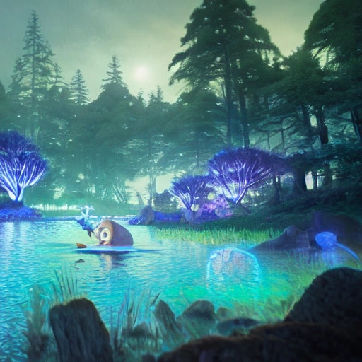 concept art  avatar in the water painting of a fantasy  at night a relaxed , 8k, with glowing blue lights, glowing blue mushrooms, dark purple sky, realistic, detailed, cel shaded, in the style of makoto shinkai and greg rutkowski and albert bierstadt and james gurney , High Octane 3D Blender Rendering 2:1