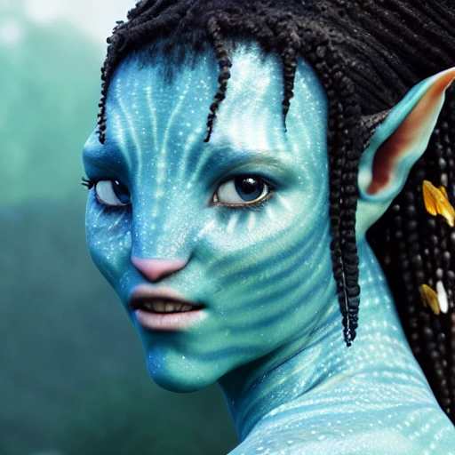 Avatar movie beautiful omataciya woman in water sad  ,blue skin,black hair, cinematic shot, intricate, photorealistic, artstation, realistic, 100 mm, photography, octane, high definition, depth of field, bokeh, 8k