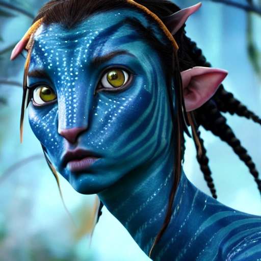 Avatar movie beautiful omataciya woman in water sad  ,blue skin,black hair, cinematic shot, intricate, photorealistic, artstation, realistic, 