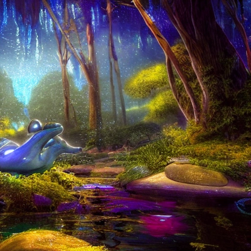 concept artNa'vi in the water painting of a fantasy at night a relaxed , 8k, with glowing blue lights, glowing blue mushrooms, dark purple sky, realistic, detailed, cel shaded, in the style of makoto shinkai and greg rutkowski and albert bierstadt and james gurney , High Octane 3D Blender Rendering 2:1