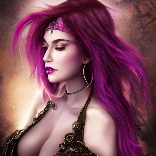 professional portrait,  beautiful sensual woman with purple hair, fantasy wasteland,  realistic lighting, intricate details, Overlord Albedo so-bin style,