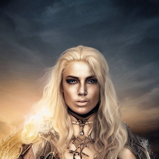 A portrait of a beautiful woman with blonde hair in a post-apocalyptic wasteland, she wears a sorceress outfit, beautiful lighting and intricate details, fantasy wasteland,