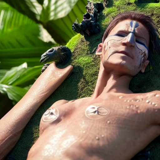 Na'vi of avatar film whith eyes closed sunbathing, realistic 8k movie


