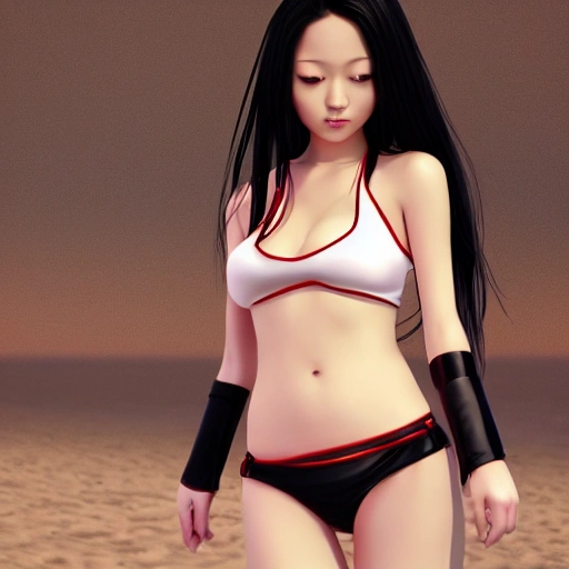 girl, asian, tokyo, night, bikini, katana, beautiful, black hair, red locks, black eyes, white skin, black bikini, beach, shreds, tender look, 3D