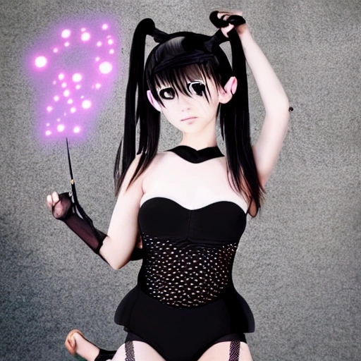 best quality, ultra high res, (photorealistic:1.4),Science fiction weapon，laptop,antenna hair clips ,Science fiction，fishnets，science_fiction，black strapless leotard,,,oppai loli，cleavage,black eyes, black hair，twintails， messy_hair，oppai loli，（lmasterpiece), i(best quality, super fine illustration]]. ((beautiful eyes)),[ very delicate light, perfect an delicate limbs], [nature,city,,painting, water spray),Kl fine luminescence ,very fine 8KCG wallpapery], whole body, bright eyes,((an extremely delicate and beautiful girl))，perfect hands, 3D

