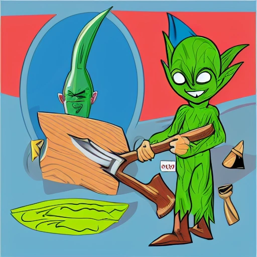 small green goblin  weared with wood dress and axe  cartoon to child book


, Cartoon