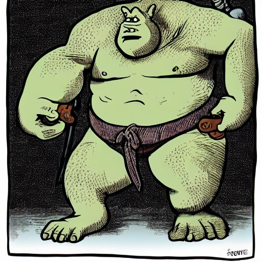 Enormous ogre, with thick skin and an axe in hand.

, Cartoon