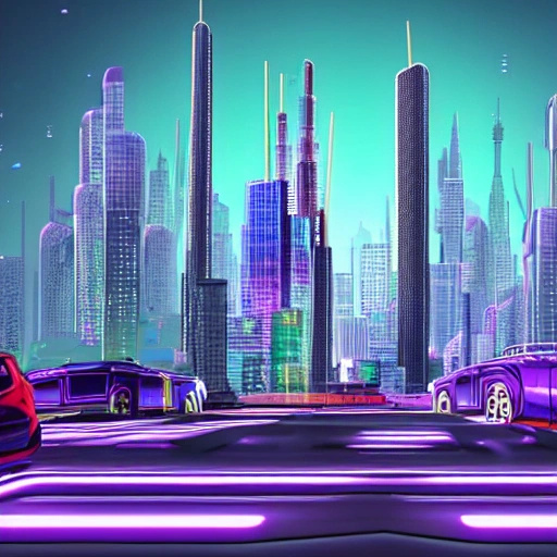 A futuristic cityscape with towering skyscrapers, flying cars, and neon lights illuminating the streets, 3D