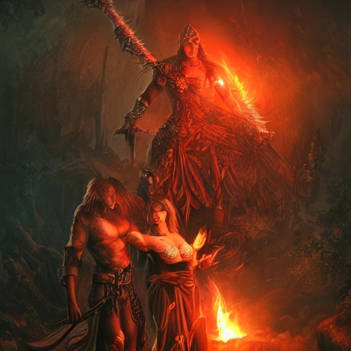 fantasy  beautiful alluring Death Witch with her faithful athletic male barbarian lover, Lava magma light from below, mystical light night scene, fantasy environment, intricate leather light armor