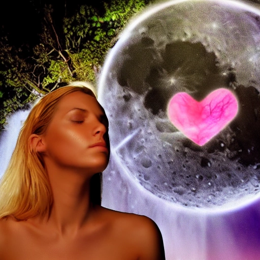 women see the moon , a black heart, mdma pill, waterfall  of love, tree roots ending in hearts and fire