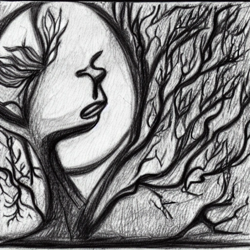 women see the moon , a black heart, mdma pill, tree roots ending  fire, Pencil Sketch