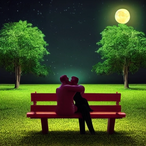 BLACK ANGEL HOLDING A MAN ON A PARK BENCH, WITH BIG GREEN TREES, AT NIGHT WITH A FULL MOON, ROMANTIC SCENE, COUPLE, LOVE, ULTRA REALISTIC FUTURISTIC PICTURE, , 3D