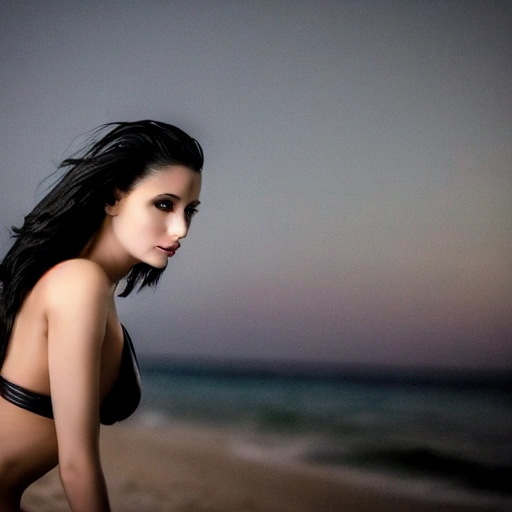 STUNNING BODY, BEAUTIFUL YOUNG SIMETRIC FACE, BLACK HAIR, BLACK EYES,  YOUNG BEAUTIFUL WOMAN CHARACTERIZED AS A BLACK ANGEL OF DEATH WITH BLACK WINGS, BLACK LEATHER SUIT, ON A PARADISE BEACH IN CANCUN, AT NIGHT WITH A FULL MOON, ROMANTIC SCENE, COUPLE, LOVE, ULTRA REALISTIC, ULTRA HIGH DEFINITION, DETAILED PICTURE, 