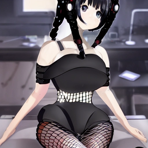 best quality, ultra high res, (photorealistic:1.4),Science fiction weapon，laptop,antenna hair clips ,Science fiction，fishnets，science_fiction，black strapless leotard,,,oppai loli，cleavage,black eyes, black hair，twintails， messy_hair，oppai loli，（lmasterpiece), i(best quality, super fine illustration]]. ((beautiful eyes)),[ very delicate light, perfect an delicate limbs], [nature,city,,painting, water spray),Kl fine luminescence ,very fine 8KCG wallpapery], whole body, bright eyes,((an extremely delicate and beautiful girl))，perfect hands

