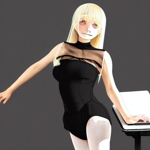 best quality, ultra high res, (photorealistic:1.4),Science fiction weapon，laptop,antenna hair clips ,Science fiction，fishnets，science_fiction，black strapless leotard,,,oppai oppai，cleavage,black eyes, blonde hair，long_hair，oppai loli，（lmasterpiece), i(best quality, super fine illustration]]. ((beautiful eyes)),[ very delicate light, perfect an delicate limbs], [nature,city,,painting, water spray),Kl fine luminescence ,very fine 8KCG wallpapery], whole voluptuous body, bright eyes,((an extremely delicate and beautiful girl))，perfect hands, un cielo color lila difuminado, como pantalla principal una hermosa mujer muy provocativa como unos ojos muy grandes y unos labios perfectos, que resalte en la imagen, como una modelo, Trippy