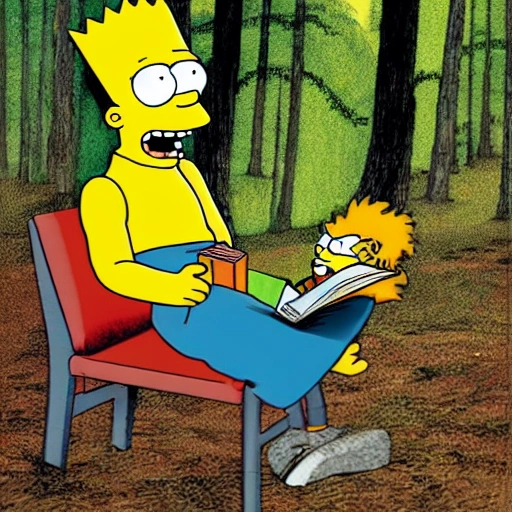 bart simpson reading a book in the forest