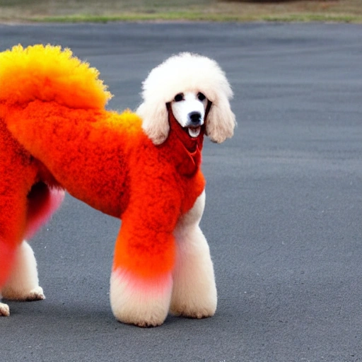 white giant poodle with orange and red painted tail , Trippy