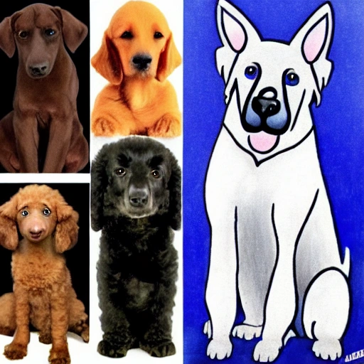 A stunning draw with 5 dogs, 1 giant poodle black, 1 giant poodle white, 1 german Shepherd, 1 podengo a 1 weimaraner, Cartoon