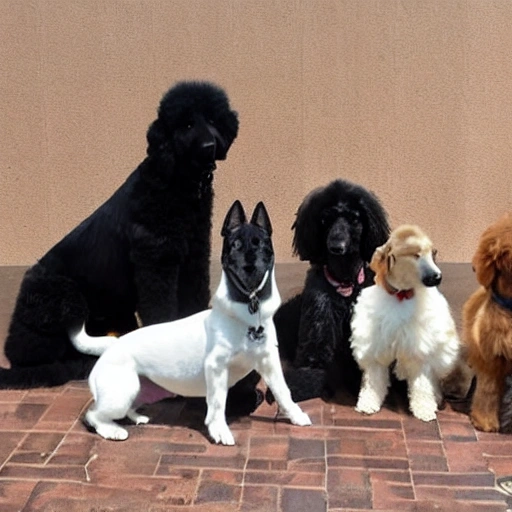 A stunning photo with 5 dogs, 1 giant poodle black, 1 giant poodle white, 1 german Shepherd, 1 podengo and 1 weimarainer, , 3D