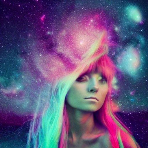 beautiful girl with sea hair in distant galaxy, Trippy