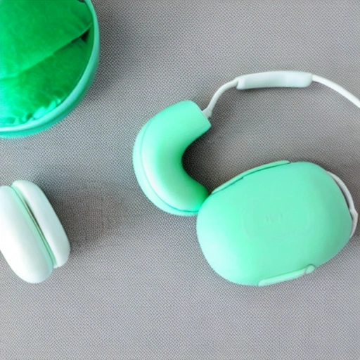 mint color pillow hugging with gray earphones, Trippy