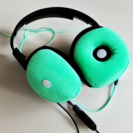 mint color pillow listens to music through headphones