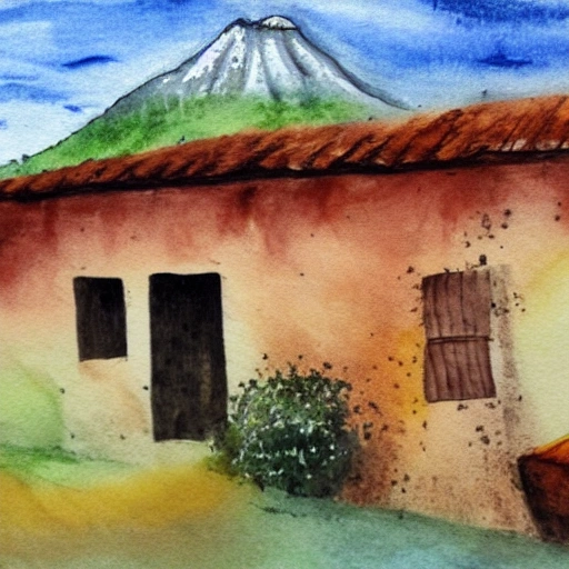 una casa en el campo, con el fondo de un volcan humeante y un ninja ordeñando vacas, Water Color