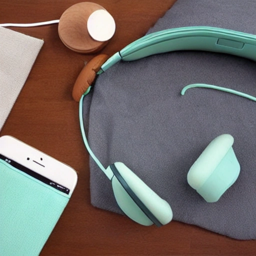 mint color pillow listens to music through headphones