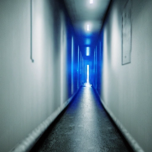 best quality, ultra high resolution, science fiction, a long dark hallway, the lights are off, seems to be part of an alien ship, no discernible windows or door can be seen, a dark with box with strange blue lights lies in a corner 