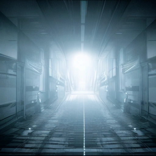 best quality, ultra high resolution, science fiction, a long dark lightless hallway, almost pitch black, seems to be part of an alien ship, no discernible windows or door can be seen