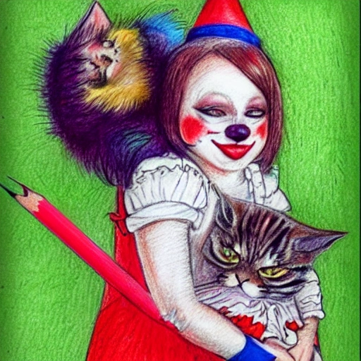 drawing with colored pencils of a child dressed as a clown caressing a beautiful cat, with many details, beautiful and fun, Pencil Sketch