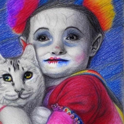 drawing with colored pencils of a child dressed as a clown caressing a beautiful cat, with many details, beautiful and fun, Pencil Sketch