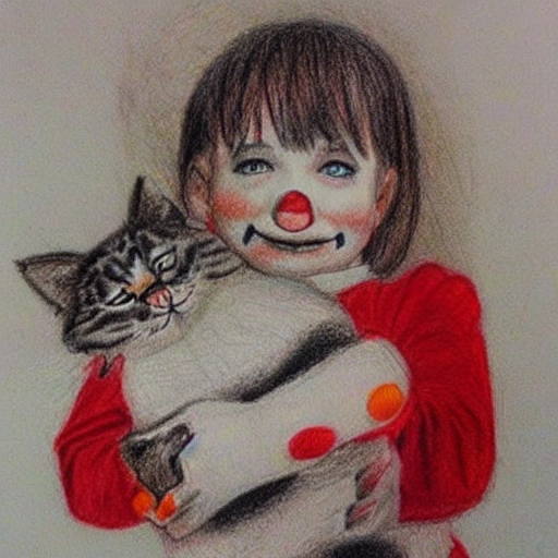 drawing with colored pencils of a child dressed as a clown caressing a beautiful cat, with many details, beautiful and fun, Pencil Sketch