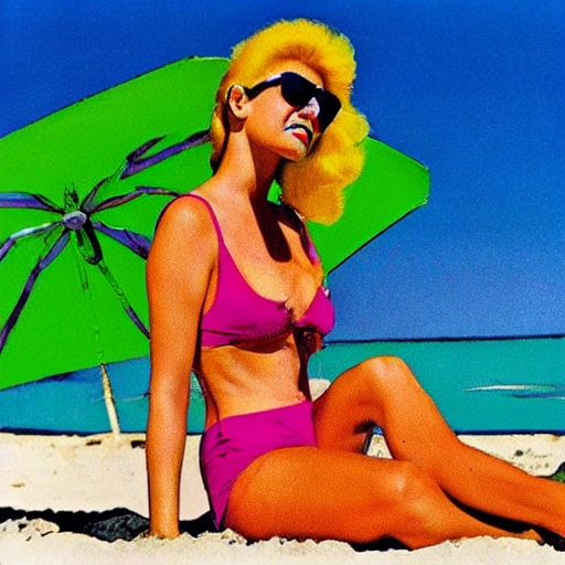 80's woman sunbathing at the beach, pop art