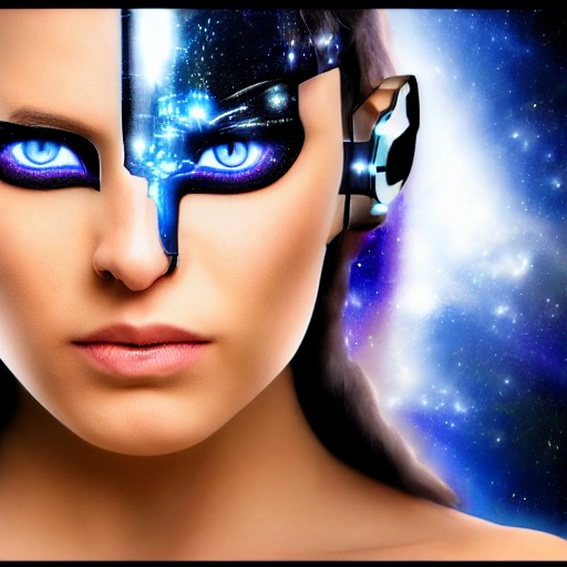 cyborg warrior, beautiful, high res, galaxy, blue eyes