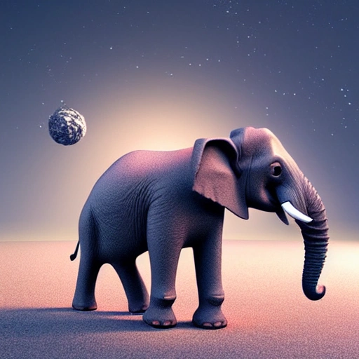 Elephant walking in the universe, long noses and big ears, 3d art, c4d render, Cartoon