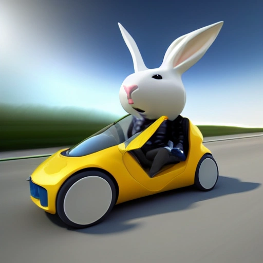 a white rabbit driving a Electric Vehicle, detailed, c4d render, huge head and tiny arms,  