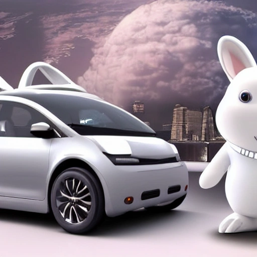 a white rabbit driving a silver gray Electric Vehicle with cigar in China, detailed, c4d render, huge head and tiny arms, 