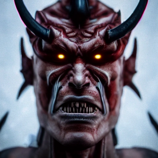 Samouri Demon /// ANYTHING MIDJOURNEY V4 style, intricate, symmetrical face front view, full body view, dark fantasy, Cyberpunk 2077, hyperrealistic render details, ultra detailed Samurai demon with oni mask, Ni-Oh, feudal japan, high contrast, 8k photographic style, matte painting, octane render, ambiant light, blured background, HD