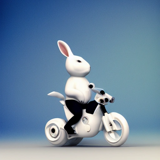 a white rabbit is riding a motorcycle,  c4d render, huge head and tiny arms,