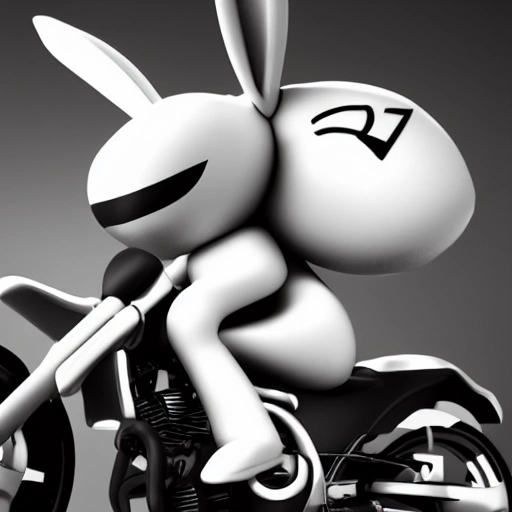 a white rabbit is riding a black motorcycle, c4d render, huge head and tiny arms,